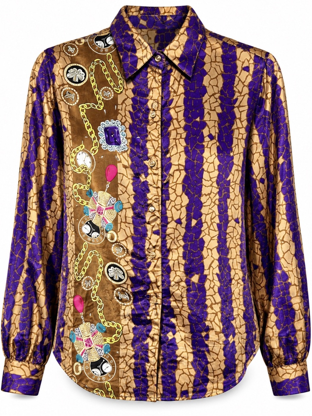 Vintage LouBella Baroque Chain Print Satin Blouse Gold Purple Sz 8